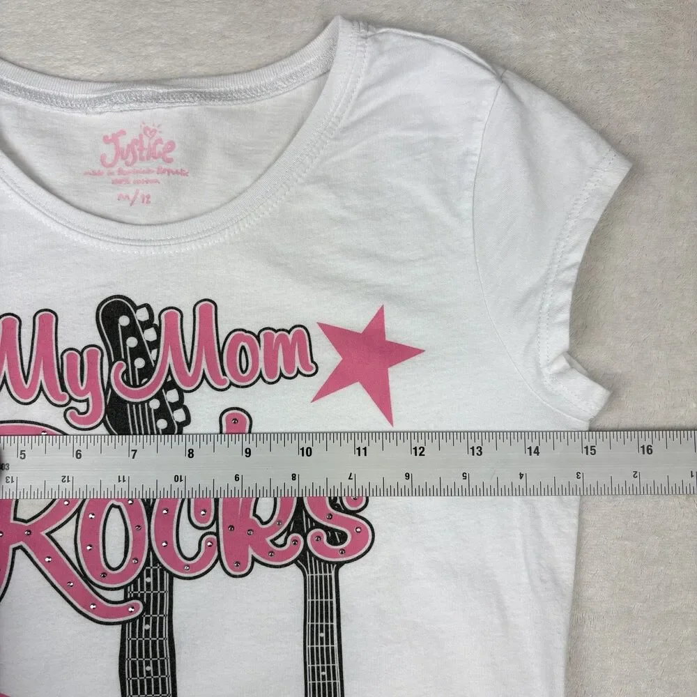 Vintage Y2K Justice Top Girls S 12 White My Mom Rocks Graphic Tee Guitar Stars